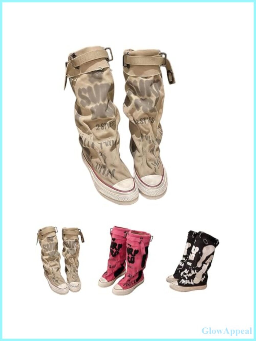 Canvas Knee-High Boots with Buckle Round Toe Graffiti Print